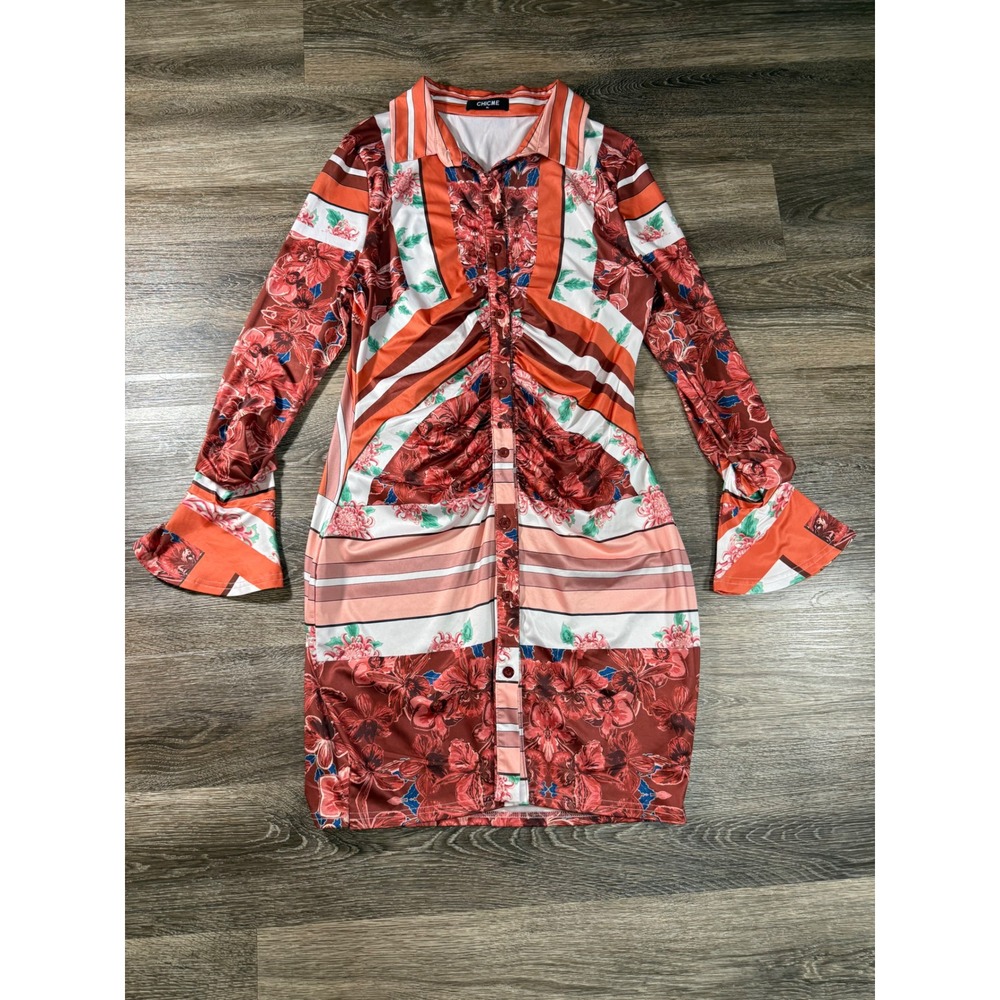 ChicMe Floral Geometric Ruched Bell Sleeve Mini Shirt Dress Orange Red XL‎